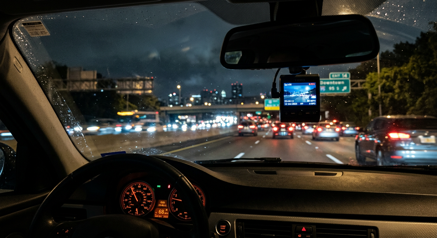 RoadVision dash cam recording a highway at night