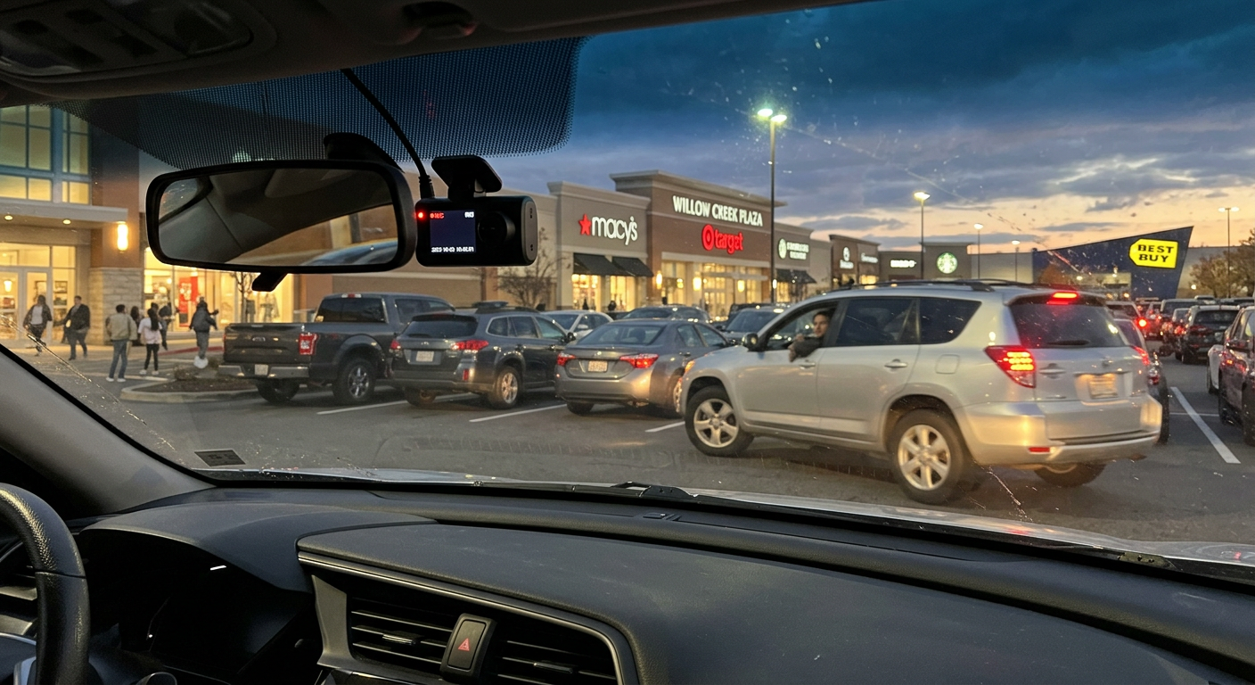RoadVision parking mode watching a car in a busy parking lot